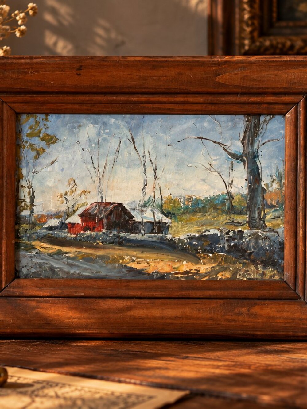 Original Framed Oil Painting Rustic Winter Barn Landscape